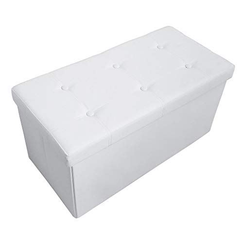 Todeco - Almacenamiento Banco, Almacenamiento Otomano Plegable de Cuero - Carga máxima: 150 kg - Material: Imitación de Cuero - Acabado Cosido y copetudo, 76 x 38 x 38 cm, Blanco