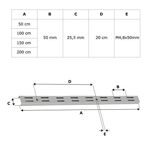 Toolerando Perfil cremallera perforación doble para escuadras de estante/Riel de pared para soportes de estantes, 2 ranuras - Longitud: 100 cm, blanco