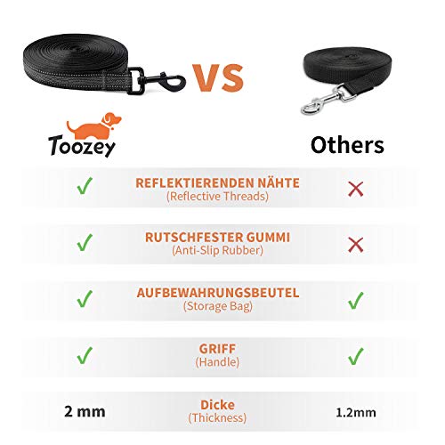 Toozey Correa de Adiestramiento para Perros, 5 m, 10 m, 15 m, 20 m, Correa Perro Larga de goma para perro o mascotas pequeños y grandes con correa de mano y bolsa de almacenamiento, Negro, 20m x 2.5cm