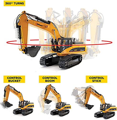 Top Race 15 Canales Completo de Control Remoto Funcional Excavator Construction Tractor, Excavadora de Juguete con 2.4Ghz Transmitter 2 en 1 con Pala Intercambiable TR-215/211