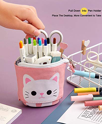 TOYESS Estuche Escolar Vertical para Niña Niños, Telescópico Estuche Lapices para Regalo de Cumpleaños, Gato Rosa