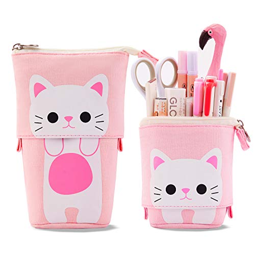 TOYESS Estuche Escolar Vertical para Niña Niños, Telescópico Estuche Lapices para Regalo de Cumpleaños, Gato Rosa