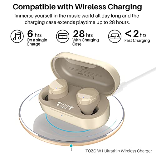 TOZO T12 Auriculares Bluetooth con Control táctil y Estuche de Carga inalámbrica Pantalla LED de Inteligencia Digital IPX8 Impermeables con micrófono Incorporado Bajos Profundos para Deporte Champán