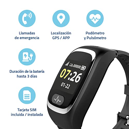 Tracmi Reloj B6 con botón de Llamada de Emergencia SOS – Localización GPS – Podómetro – Pulsómetro – Cuidado de Mayores (Demencia), Niños o Personas vulnerables – Tarjeta SIM preinstalada (con cuota)