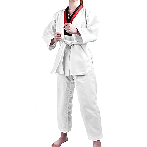 Traje de Karate Traje de Taekwondo Uniforme de algodón Completo Uniforme de Taekwondo Ropa Deportiva Traje de Karate para Adultos y niños(120-Cuello Rojo y Negro)