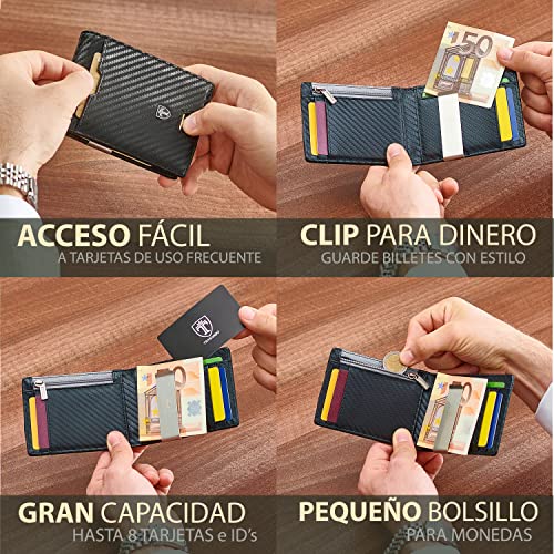 TRAVANDO Cartera con Pinza para Billetes London Bloqueo RFID - Tarjetero Hombre Slim - Billetero (Carbono)