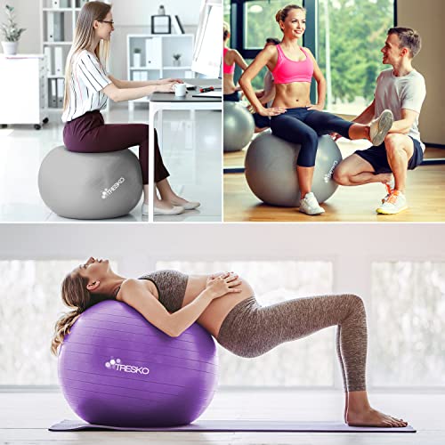 TRESKO® Pelota de Gimnasia Anti-Reventones | Bola de Yoga Pilates y Ejercicio | Balón para Sentarse | Balon de Ejercicio para Fitness | 300 kg | con Bomba de Aire | Gris | 65cm