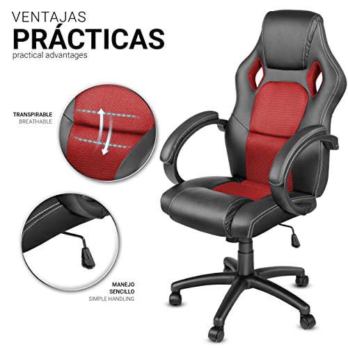 TRESKO Silla giratoria de oficina Sillón de escritorio Racing, silla Gaming ergonómica, cilindro neumático certificado por SGS (Negro/Rojo)