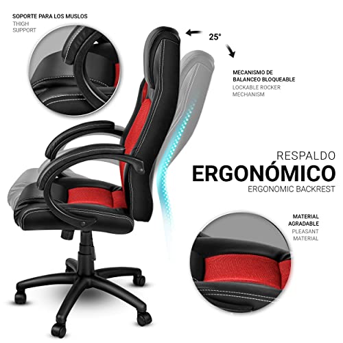 TRESKO Silla giratoria de oficina Sillón de escritorio Racing, silla Gaming ergonómica, cilindro neumático certificado por SGS (Negro/Rojo)