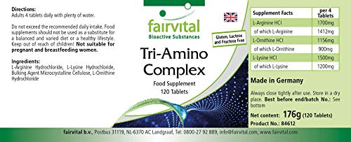 Tri-Amino-Complex - Complejo de Aminoácidos VEGANO - L-Arginina + Lisina + Ornitina - 120 Comprimidos - Calidad Alemana