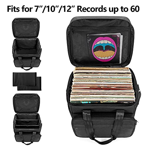 Trunab Bolsa de transporte para discos de vinilo con capacidad para 60 discos LP, estuche de discos de vinilo con separadores extraíbles, almacenamiento de discos de vinilo para viajes