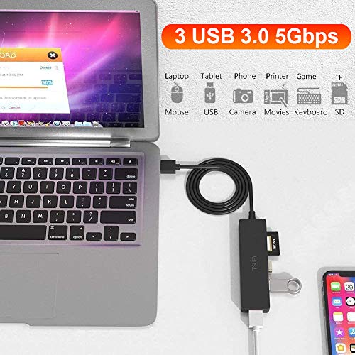 TSUPY Hub USB 3.0 con Cable de 1,2m Ladrón 3 USB 3.0 Puertos 5Gbps Lector de Tarjetas SD/Micro SD Concentrador Adaptador USB 3.0 para PC, Portátil, MacBook, PS4, Xbox, Unidades Flash USB