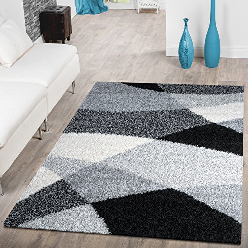 T&T Design Alfombra Shaggy Moderna Pelo Largo Diseño Vigo Negro Gris Blanco Al Mejor Precio, Größe:120x170 cm