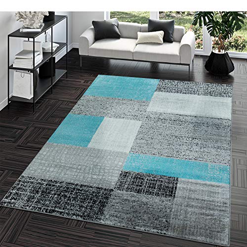 TT Home Alfombra Diseño Salón Moderna Pelo Corto Cuadros Turquesa Gris Blanco, Tamaño:120x170 cm