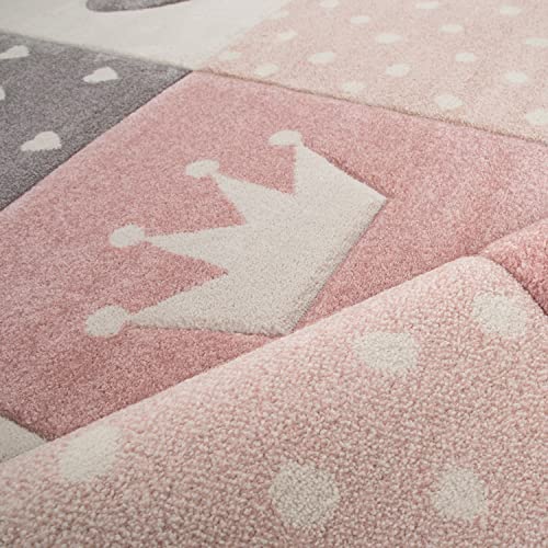 TT Home Alfombra Infantil De Juego Cuadros Puntos Estrella Luna Pastel Rosa Blanco Gris, Tamaño:120x170 cm