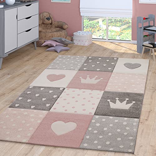 TT Home Alfombra Infantil De Juego Cuadros Puntos Estrella Luna Pastel Rosa Blanco Gris, Tamaño:120x170 cm