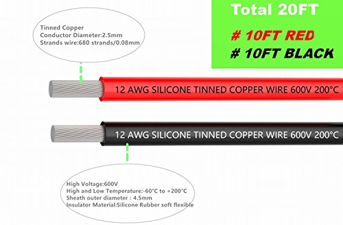 TUOFENG Cable eléctrico de calibre 12 6 metros [3 m negro y 3 m rojo] 12 AWG Cable de silicona Cable de cobre estañado flexible resistencia a alta temperatura