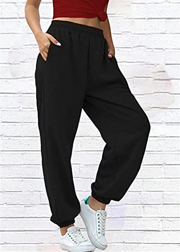 Tuopuda Pantalones de Deporte Mujer con Bolsillos Pantalones Chándal Mujer de Algodón Largos Jogging Pantalóns Elastica Cintura Alta Deportivos para Yoga Fitness Jogger Correr Casual(Negro,XXL)