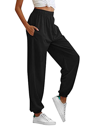 Tuopuda Pantalones de Deporte Mujer con Bolsillos Pantalones Chándal Mujer de Algodón Largos Jogging Pantalóns Elastica Cintura Alta Deportivos para Yoga Fitness Jogger Correr Casual(Negro,XXL)