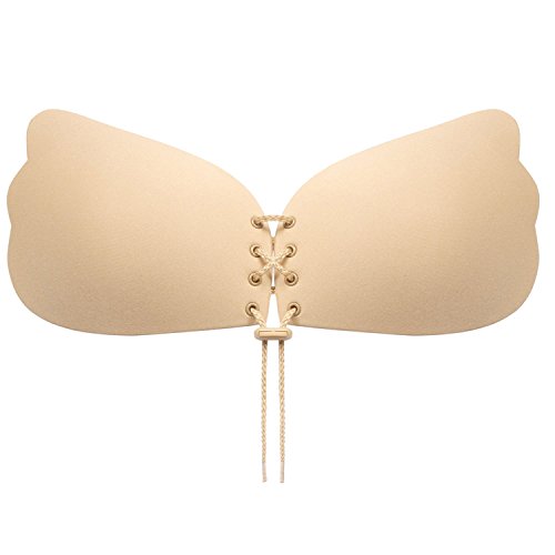 Tuopuda Sujetador Adhesivo de Silicona Reutilizable para Mujer sin Tirantes Invisible Push up sin Mujer Espalda con Cordones entrecruzados (C, Beige 1 Par)