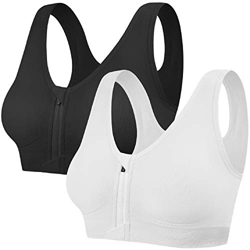 Tuopuda Sujetador Deportivo con Cremallera para Mujer De Entrenamiento De Alto Impacto Mujer Cierre Delantero Sujetador Deportivo Post Operatorio con Soporte de Espalda (XL, Negro + Blanco)