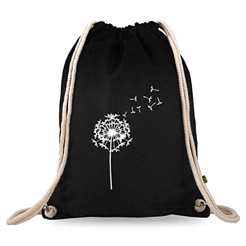 Turnbeutelliebe® Bolsa de deporte con diseño de diente de león, algodón negro, bolsa de deporte, mochila, bolsa de tela, bolsa de gimnasio, aprox. 12 litros, 37 x 46 cm