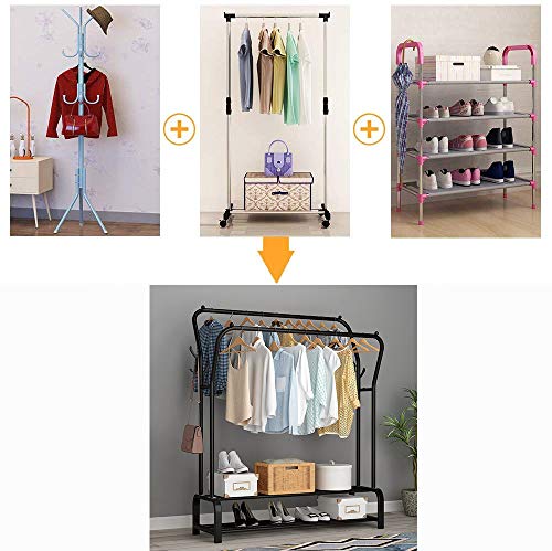 UDEAR Estante de la ropa de pie de la percha doble varillas multifuncional dormitorio ropa rack, doble capa 8 ganchosnegro