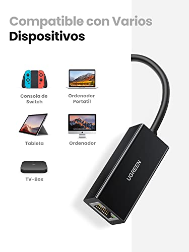 UGREEN Adaptador USB a Ethernet RJ45, Adaptador Tarjeta de red Lan Ethernet 100Mbps a USB 2.0 para Consola de Switch, XiaoMi Mi Box S, Mi Box 3, Macbook Pro, Macbook Air, Wii, WiiU, Chromecast (Negro)