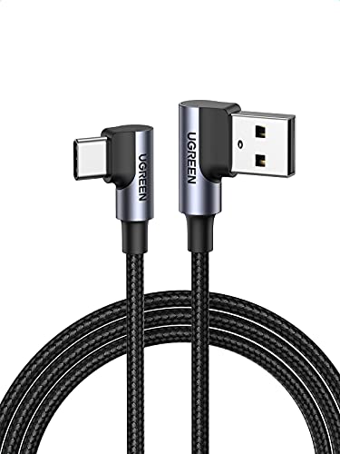 UGREEN Cable USB Tipo C, Cargador Tipo C Carga Rápida, Cable USB C Acodado Nylon Trenzado para Móvil USB C Galaxy Note S20 A50 A70 A21 A51, Xiaomi 10 11, Redmi Note 9 8, Huawei P40 P30(1 Metro)