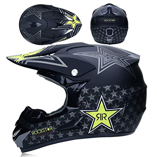 UIGJIOG Casco Descenso Hombre, Negro/Rockstar - Adulto Casco Motocross Enduro MTB con Gafas/Máscara/Guantes, Casco Cross Quad Off Road ATV Scooter,M(54~55cm)