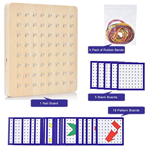 Ulikey Geoboard de Madera, Montessori Juguete Creativo Gráficos de Goma Corbata Placas de Uñas con Tarjetas de Actividad y Bandas de Goma, Aprendizaje Educación Juguete para Niños