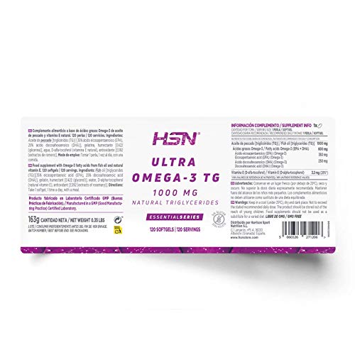 Ultra Omega 3 de HSN | Certificación IFOS | 120 Perlas con Aceite de Pescado en Forma de Triglicéridos | Altamente Concentrado | Ácidos Grasos Esenciales: 35% EPA + 25% DHA | No-GMO, Sin Gluten