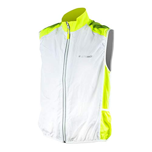 ULTRANNER - BULNES | Cortavientos Sin Mangas para Hombre - Chaleco Cortavientos Reflectante Apto para Trail Running Ciclismo Senderismo y Más - Color Blanco y Amarillo Para Más Visibilidad - Talla S