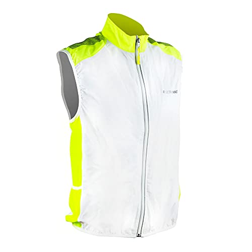 ULTRANNER - BULNES | Cortavientos Sin Mangas para Hombre - Chaleco Cortavientos Reflectante Apto para Trail Running Ciclismo Senderismo y Más - Color Blanco y Amarillo Para Más Visibilidad - Talla S