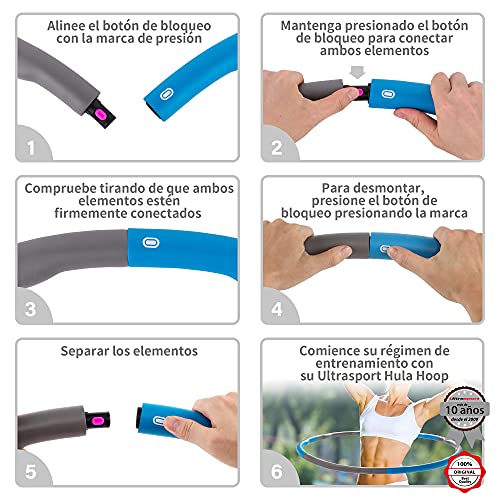 Ultrasport Aro De Hula-Hoop Para Fortalecer Los Músculos De La Espalda y Los Abdominales, 6 Partes Insertables, Espuma Suave, Menos Protuberancias, Para Principiantes y Avanzados, Azul/Gris