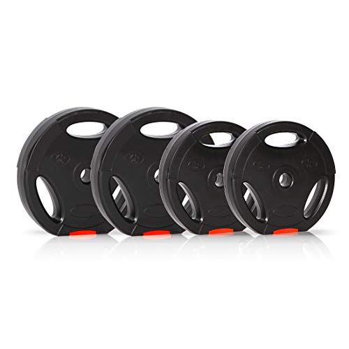 Ultrasport Discos de pesas, juego de 4 pesas, 2 de 5 kg, 2 de 7.5 kg, agujero estándar de 30 mm, aptos para barras cortas y largas, con asas para entrenamiento con peso libre, Negro