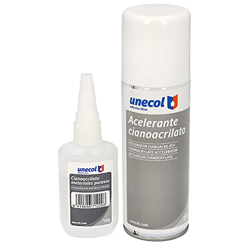 Unecol 7156 Kit accelerante Aerosol + cianoacrilato para materiales porosos (botella), 200 ml + 50 ml