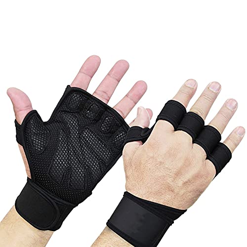 Unisex Guantes Gimnasio, Guantes Crossfit de Medio Dedo con Muñequera, Antideslizantes Guantes Fitness para Entrenamiento, Ejercicio en el Gimnasio, Tirones (L)