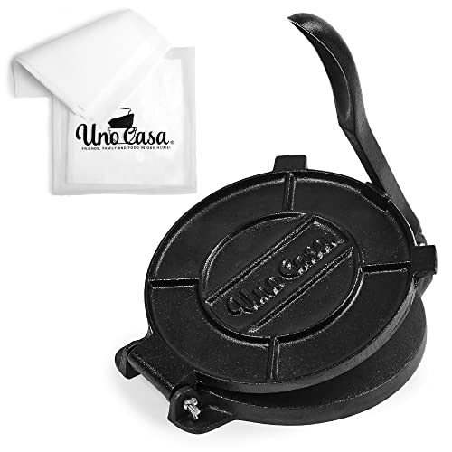 Uno Casa Prensa para Tortillas de Hierro Fundido 25,5 cm – Prensa Manual para Tortillas Mexicanas – Con 100 Láminas de Papel Encerado – Utensilio de Cocina para Tortillas de Maíz, Roti, Tawa o Dosa