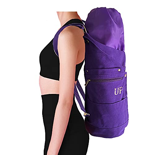 UP GREAT Bolsa de yoga de lona de algodón para esterilla de yoga y accesorios, bolsa de yoga grande XXL en chakra corona, lila