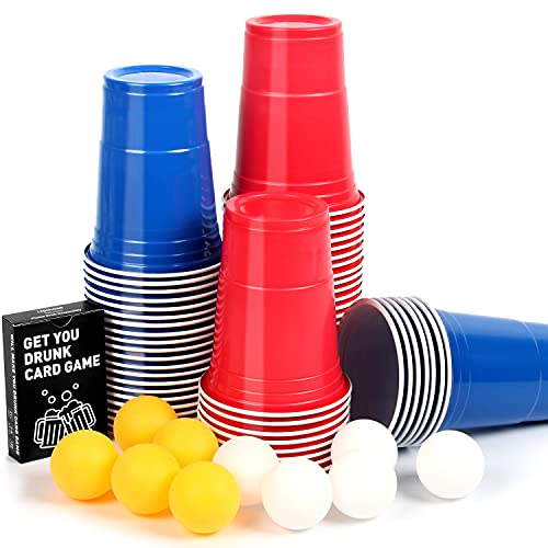 Upchase (100+10+Juego de Cartas Copas de Plastico, Beer Pong Kit, para Fiestas Vaso de Plástico, 100 de 16oz, 54 Cartas y 10 Bolas de, para Bebidas, Fiesta Celebración, Juego para Beber