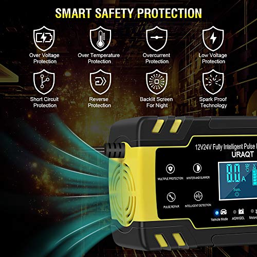 URAQT Cargador Baterias Coches, 8A 12V/24V Mantenimiento Automático e Inteligente Múltiples Protecciones LCD y Botón de la Pantalla Táctil para Automóvile, Motocicleta, ATVs, RVs, Powersports, Barco