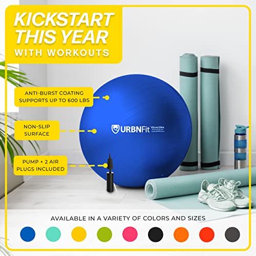 URBNFit Pelota de gimnasio para ejercicio (varios tamaños y colores) para la estabilidad y la yoga - guía del entrenamiento incluida y bomba rápida incluida., negro, 65 cm