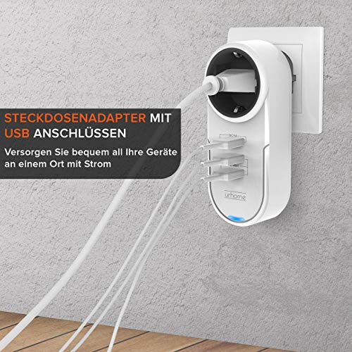 urhome® 4 in1 – Adaptador de enchufes de I 180 ° giratorio I 3 x USB (1 x 3.0 Fast Charger) Color Blanco, Blanco