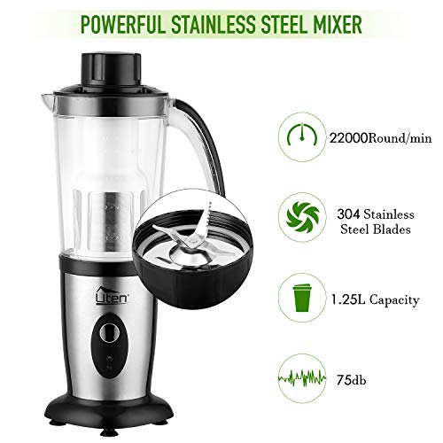 Uten Batidoras Multifuncional, Máquina de Batidos de Elétrica de Acero Inocidable,Picadora, Exprimidor, Batidora de Frutas y Verduras 4 en 1 con Botellas, (220W, 22,000 RPM/Minutos)