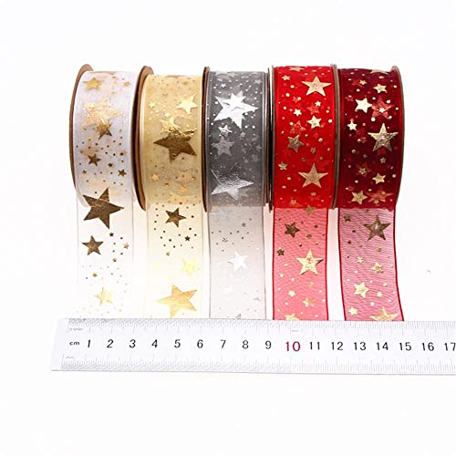 Uteruik Rollo de cinta de satén de organza de cinco puntas con estampado de estrellas para envolver regalos para el pelo de corte de arco de costura proyectos de manualidades de 10 m x 2,5 cm (#D)