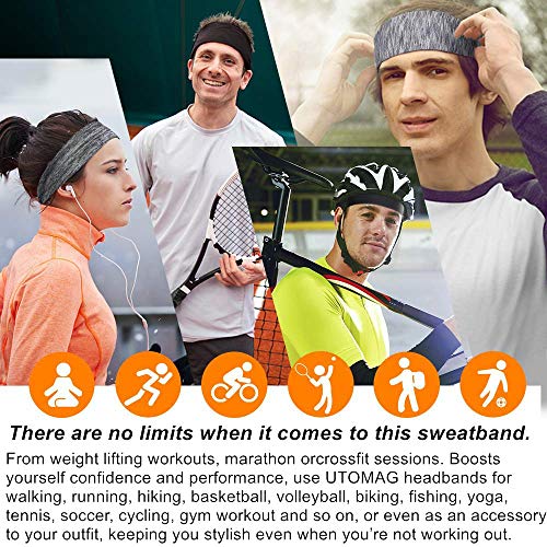 UTOMAG Bandas para la Cabeza Deportivas para Hombre, Elástica Sudor Absorbente de Humedad Banda de ala Ancha para Yoga, Correr, Ciclismo, Cross y Casco de Bicicleta (2 Piezas - Negro, Gris)