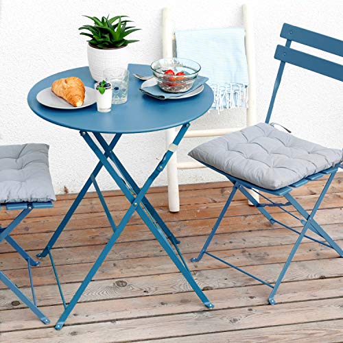 Vanage VG-6941 Juego de Muebles 3 Piezas, pequeño y Plegable, Intemperie, Resistente al Agua, se compone de 1 Mesa Redonda y 2 sillas, Metal, para balcón, jardín, terraza, Azul Oscuro