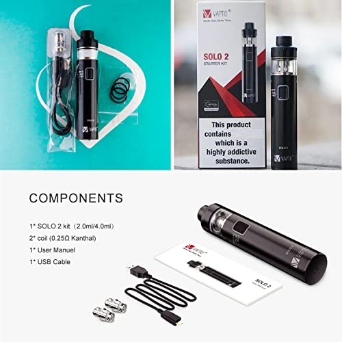 Vaptio Solo 2 KIT con 3000mAh Batería 4.0ml Mesh Core Todo en uno Estilo Vaporizador de cigarrillo electrónico No E Liquid No Nicotine (Negro)