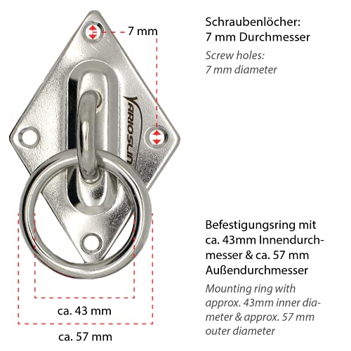 Variosling® Placa Metálica – Soporte/Anclaje/Montaje de Pared y de Techo con Anillo para Entrenamientos en Suspensión, Sacos de Boxeo, Hamacas, Toldos, etc. | Muy Grande, Acero Inoxidable